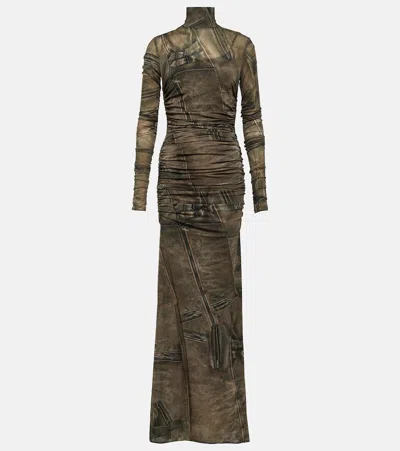 Blumarine Printed High-neck Gown In Brown