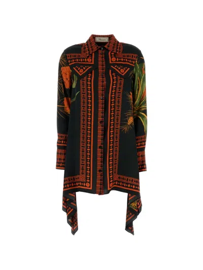 Blumarine Floral Twill Shirt Dress Asymmetric Hem In Brown