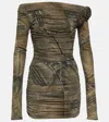 Blumarine Printed Off-shoulder Minidress In Grey