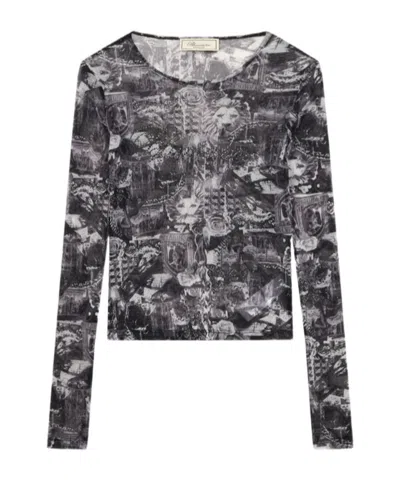 Blumarine Printed Rhinestone Logo Top In Black