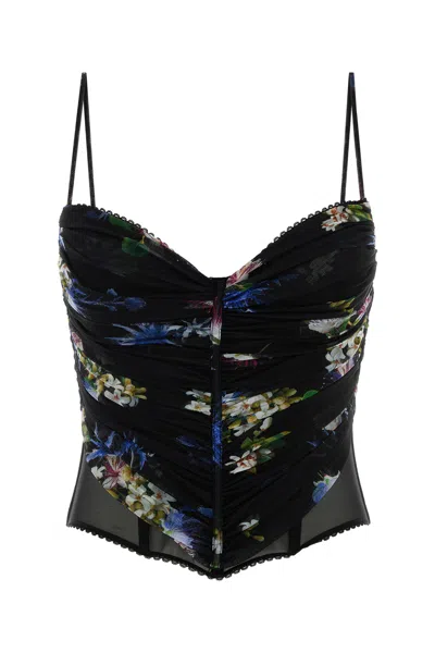 Blumarine Floral Tulle Top Featuring Ruched Design In Black