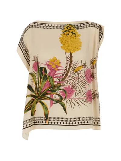 Blumarine Floral Twill Top Asymmetric Hem In Neutral