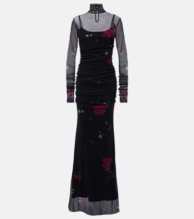 Blumarine Printed Tulle Gown In F9908 Black/cactus F