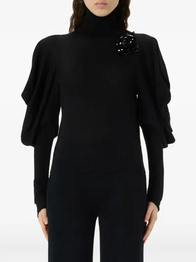 Blumarine Puff-sleeve Roll-neck Sweater In Black