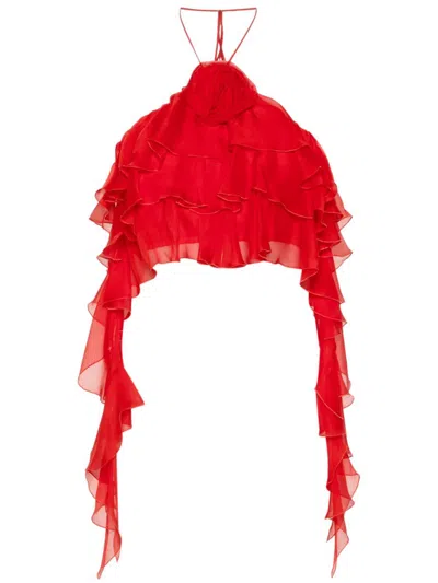 BLUMARINE RED RUFFLED SILK CROP TOP