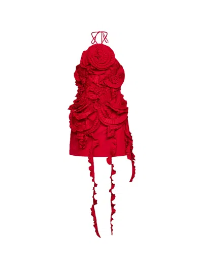 Blumarine Red Taffeta Mini Dress With 3d Roses
