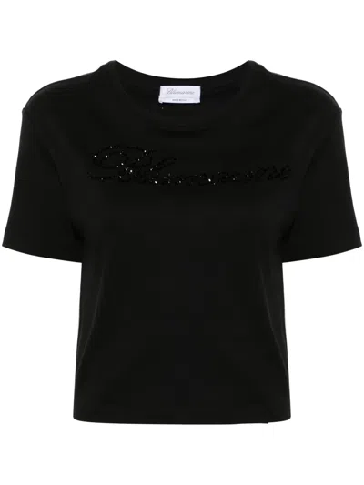 Blumarine Rhinestone-embellished Cotton T-shirt In Black
