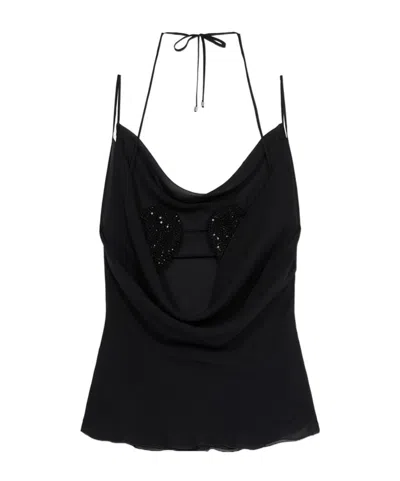 Blumarine Rhinestone-embellished Georgette Top In Black