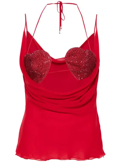 Blumarine Rhinestone-embellished Georgette Top In Red