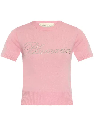 Blumarine Rhinestone Logo Knitted Top In Pink