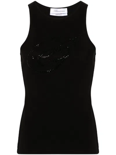 Blumarine Women Black Ribbed Tank Top With Rhinestone Logo In Cotton Woman In Multi