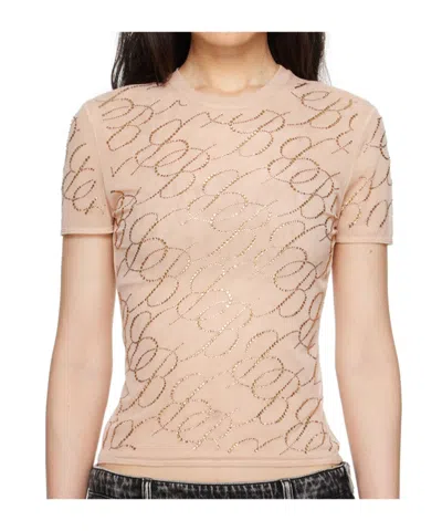 Blumarine Semi-sheer Rhinestone-logo T-shirt In Nude
