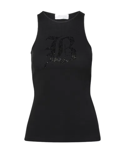 Blumarine Rhinestoned Ribbed-knit Tank Top In Black