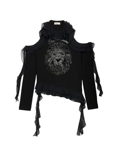 Blumarine Rhinestone-embellished Ruffled T-shirt In Black