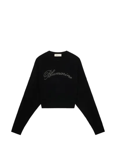 Blumarine Rhinestone-logo Wool Sweater In Black