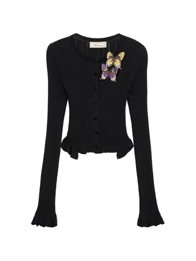Blumarine Ribbed Butterfly Cardigan In Black