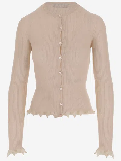 Blumarine Ribbed Cardigan With Lamé Scalloping In Pink