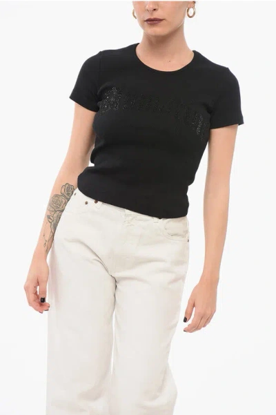 BLUMARINE RIBBED CROP T-SHIRT WITH RHINESTONED LOGO