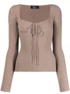 Blumarine Ribbed-knit Tie-neck Sweatshirt In Brown