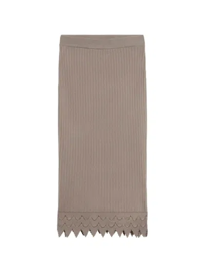 Blumarine Ribbed Scalloped-edge Midi Pencil Skirt In Brown