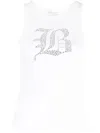 Blumarine Ribbed Tank Top With Rhinestoned Logo In White