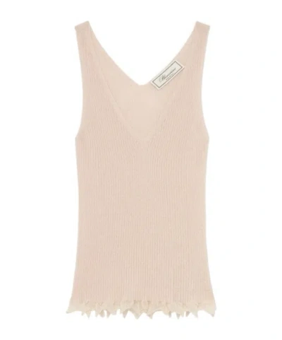 Blumarine Ribbed Top With Lamé Scalloped Hem In Nude