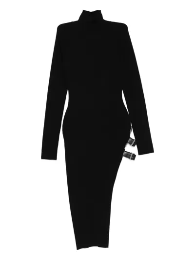 Blumarine Ribbed Turtleneck Buckle-detail Asymmetric Party Dress In Black