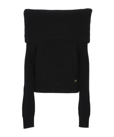 Blumarine Ribbed-knit Sailor-collar Cardigan In Black