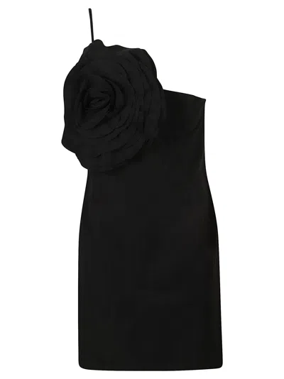 Blumarine Rose Embroidered Asymmetric Short Dress In Black