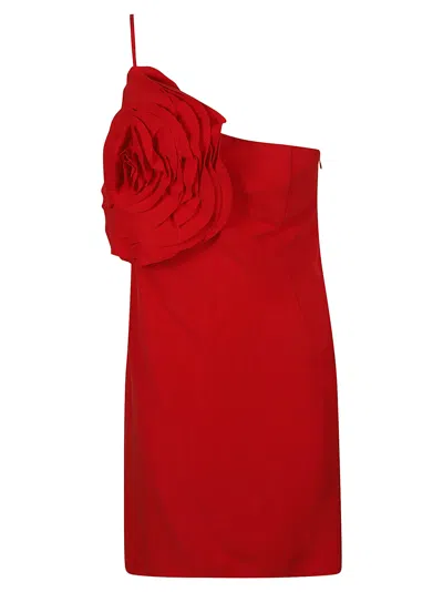 Blumarine Rose Embroidered Asymmetric Short Dress In Lipstick Red