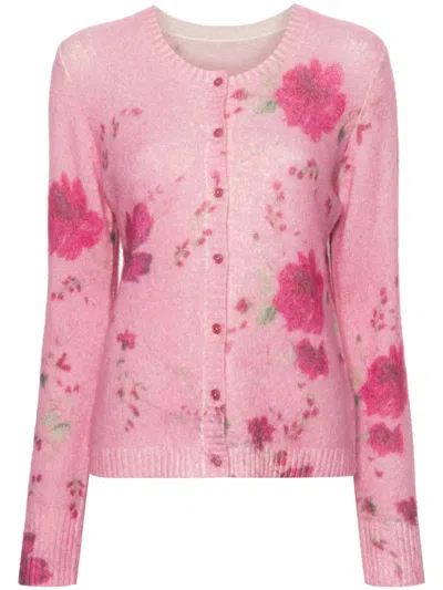 Blumarine Rose-jacquard Cardigan In Pink