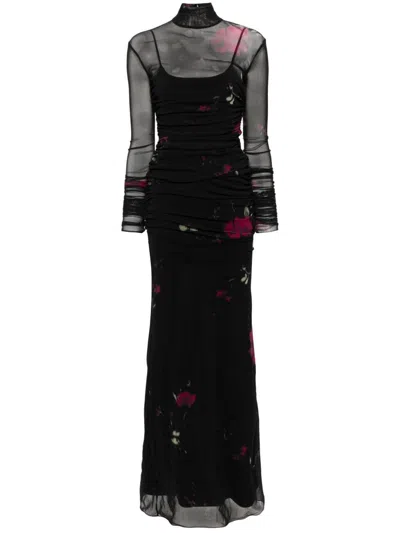 BLUMARINE ROSE-PRINT TULLE MAXI DRESS
