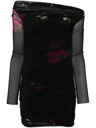 Blumarine Rose-print Tulle Mini Dress In Black