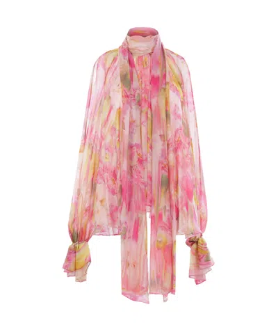 Blumarine Rose Printed Georgette Asymmetrical Shirt In Pink