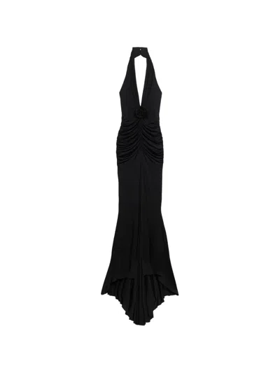 Blumarine Rose-appliqué Halterneck Maxi Dress In Black