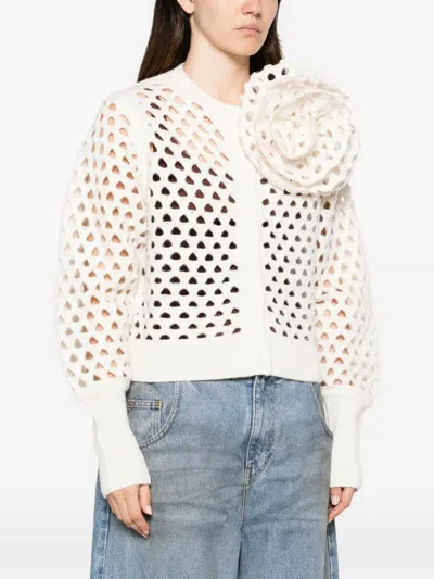 Blumarine Rose-appliqué Perforated Cardigan In White
