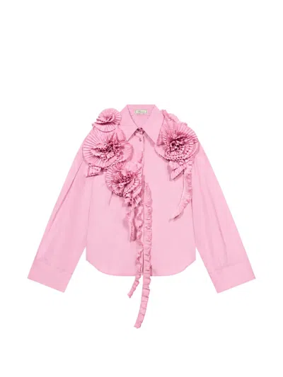 Blumarine Taffeta Shirt With 3d Roses In Pink