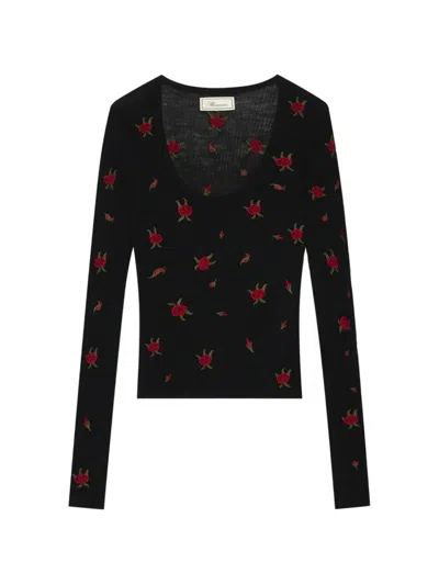 Blumarine Rose-embroidered Ribbed-knit Sweater In Black