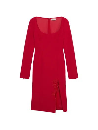 Blumarine Rose-embroidered Slit-detail Midi Dress In Red