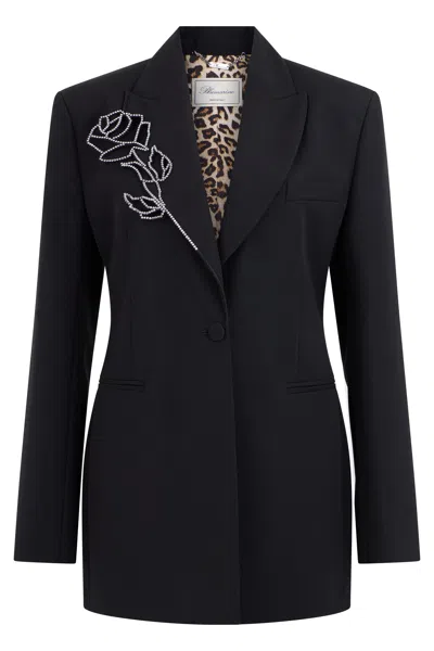 Blumarine Rose-embroidered Virgin Wool Blazer In Black