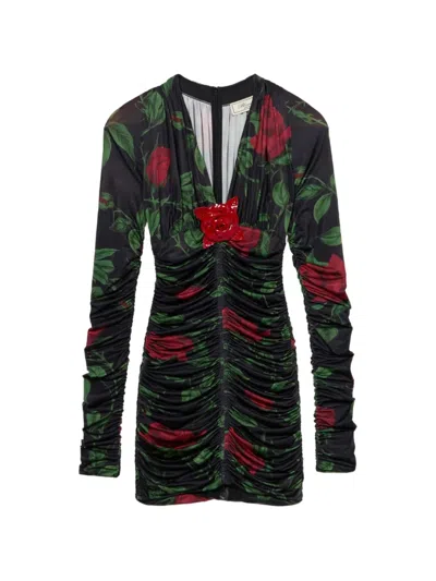Blumarine Rose-print Ruched Mini Dress In Black