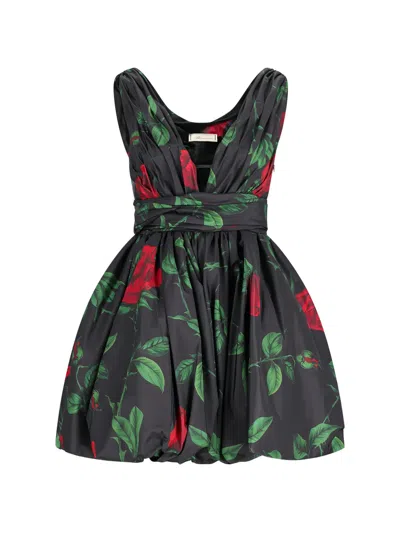 Blumarine Rose-print Taffeta Mini Dress In Black