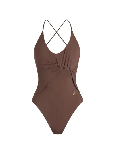 Blumarine Ruched Crossover-strap Swimsuit In Brown