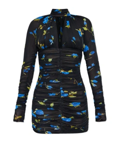 Blumarine Ruched Floral-print Mini Dress In Black