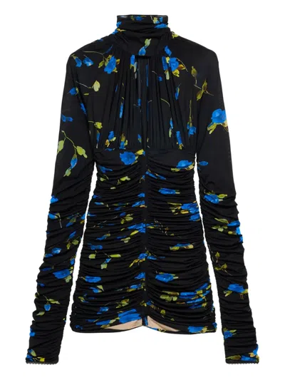 Blumarine Ruched Floral-print Mini Dress In Blue