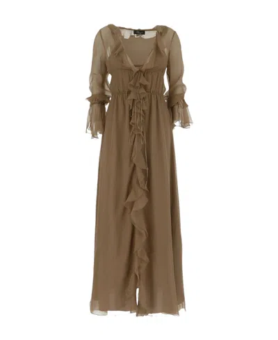 Blumarine Ruffle-detail Long-sleeve Dress In Brown