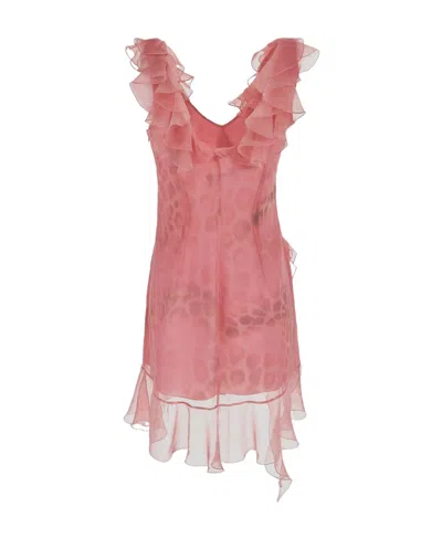 Blumarine Ruffle-trim Fitted Silk Dress In Pink