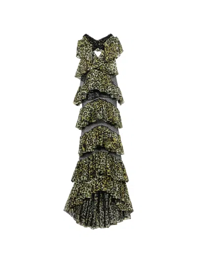 Blumarine Ruffled Animal-print Maxi Dress In Green