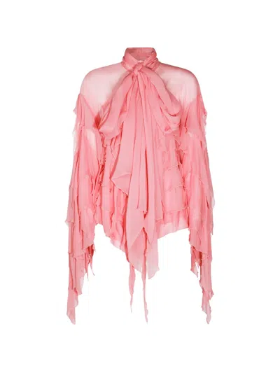 Blumarine Ruffled Tie-neck Sheer Top In Pink