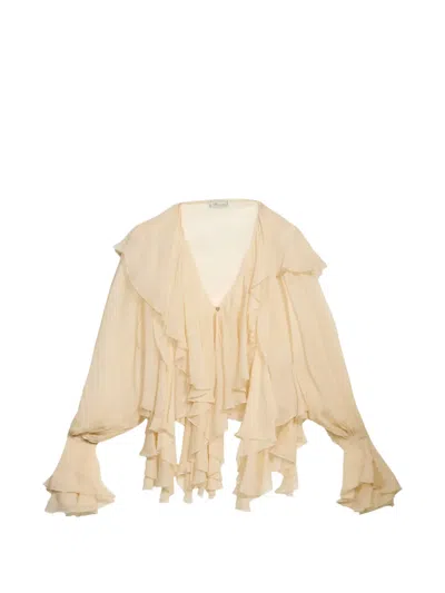 Blumarine Ruffled Crepe-de-chine Blouse In Neutrals